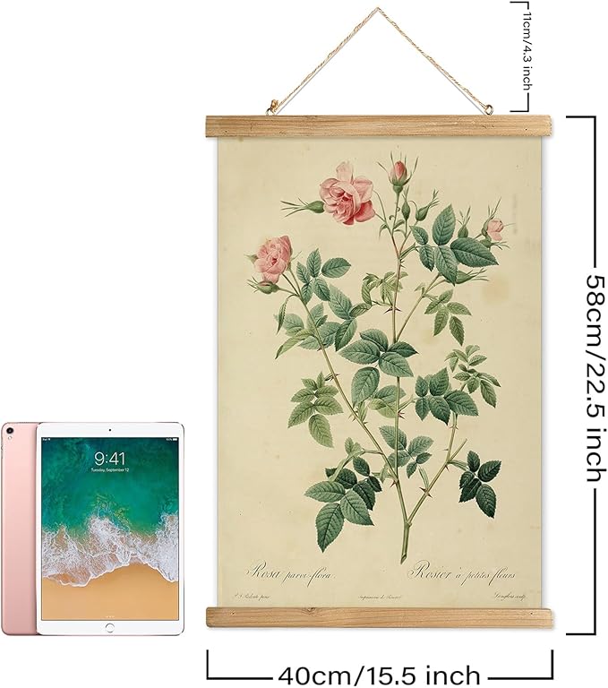 XIAOAIKA 2 Pack Vintage Rose Botanical Prints Poster - Antique Flower Illustrations with Wooden Scroll Frame - Elegant Wall Art for Home Decor, Garden Enthusiast, or Floral Designer 16 x 23 Inches