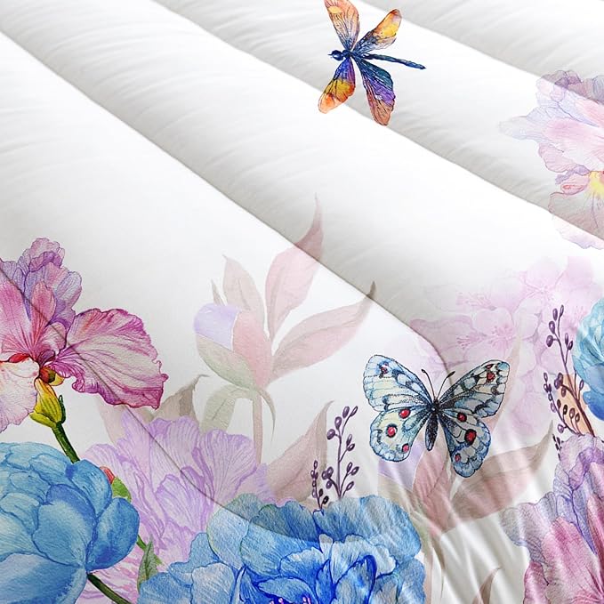 Blue and Pink Flower Comforter Set Full Dragonfly Butterfly Bedding Sets 3PCS for Kids Teen Adult Floral Room Decor Ultra-Soft Lightweight Microfiber 1 Comforter with 2 Pillowcases