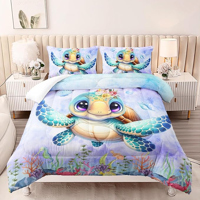 Turtle Bedding Set 3pcs Queen Ocean Life Shell Comforter Set Kid Fish Crab Bedding Set for Boy Girl Watercolor Tortoise Seaweed Theme Pattern Quilt Bed Set with 1 Comforter and 2 Pillowcases
