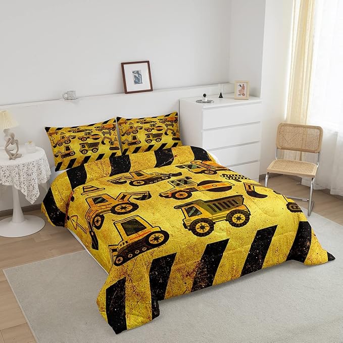 Boys Excavator Bedding Set Queen Size Kids Construction Vehicles Comforter For Kids Children Cartoon Machinery Truck Comforter Set Construction Site Cars Tractor Duvet Set 3Pcs With 2 Pillow Cases
