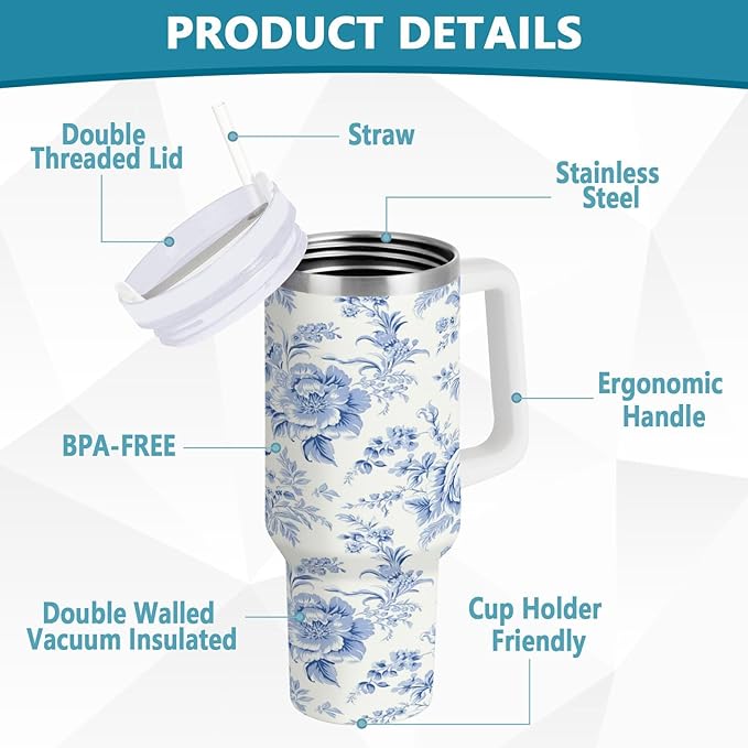 Boccsty Vintage French Floral Insulated Tumblers Blue Pattern Reusable Stainless Steel Tumbler 40 oz Cup Coffee Travel Mug Water Bottle with Handle & Flip Straw for Home Office Car
