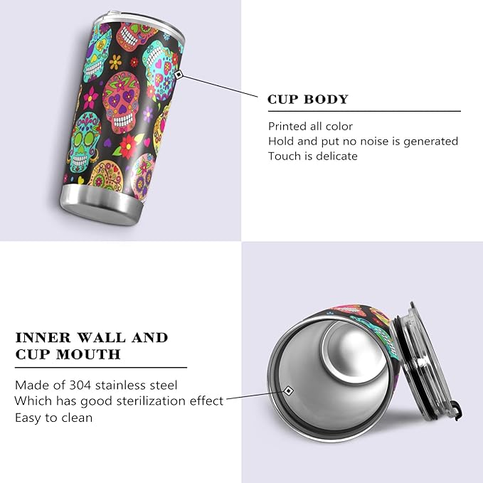 Tumbler Sugar Skull Insulated Coffee Cup Halloween Day of The Dead Beverage Container Travel Mug with Straw and Lid Double Wall Stainless Steel 20oz Holiday Gift