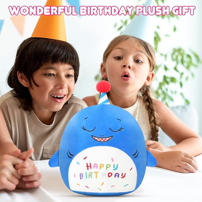 SQEQE Shark Stuffed Animal Toy Happy Birthday Shark Plush Cute Blue Birthday Plushies Doll Home Decor for Kids Girls Boys 10 Inch