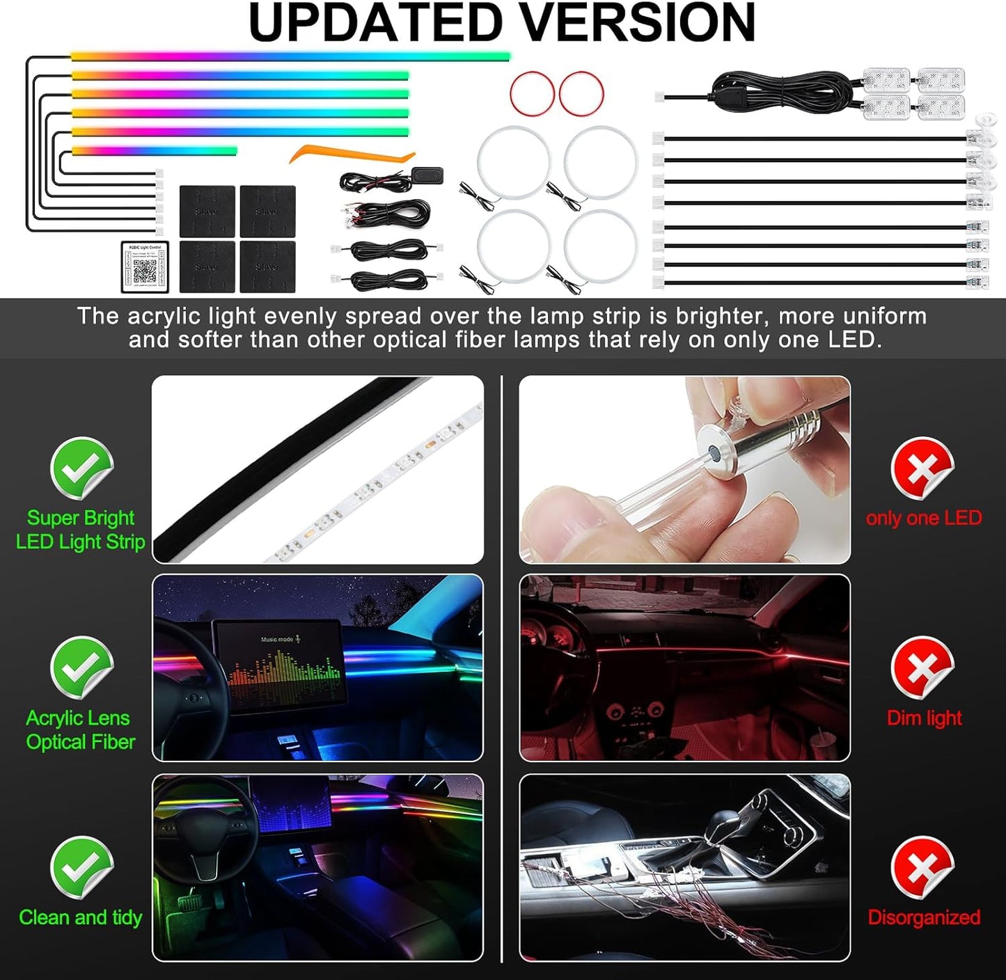 Dreamcolor Acrylic Interior Car LED Strip Light with Wireless APP, RGB 22 in 1 with 175 inches 612 LEDs Fiber Optic Strip Lights for Car, Dual Zone Music Sync Neon Car Ambient Lighting Kits