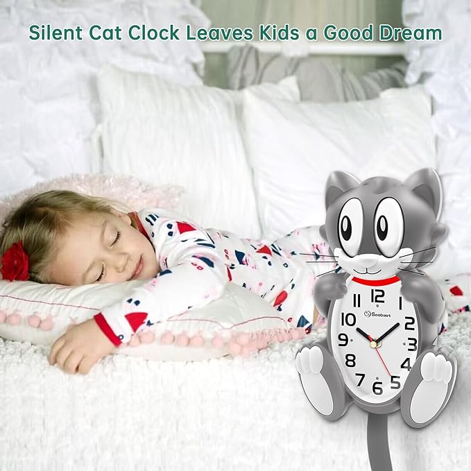 Soobest 18 Inch Large 3D Cat Wall Clock Battery Operated with Moving Eyes and Pendulum Tail, Retro Kids Analog Wall Clock for Gift Decor Gray