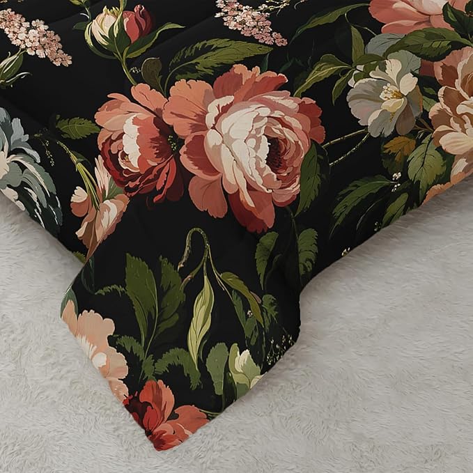 Black Floral Comforter Set Twin Colorful Floral Bedding Sets 3PCS for Kids Teen Adult Flowers Leaves Room Decor Ultra-Soft Lightweight Microfiber 1 Comforter with 2 Pillowcases