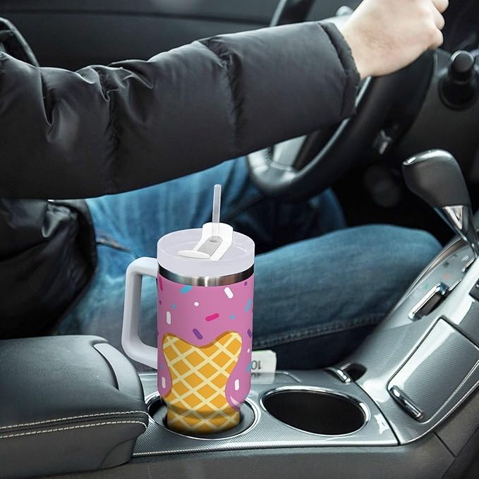 Boccsty Waffle Ice Cream Cone Pink Insulated Tumblers Reusable Stainless Steel Tumbler 30 oz Cup Coffee Travel Mug Water Bottle with Handle & Flip Straw for Home Office Car