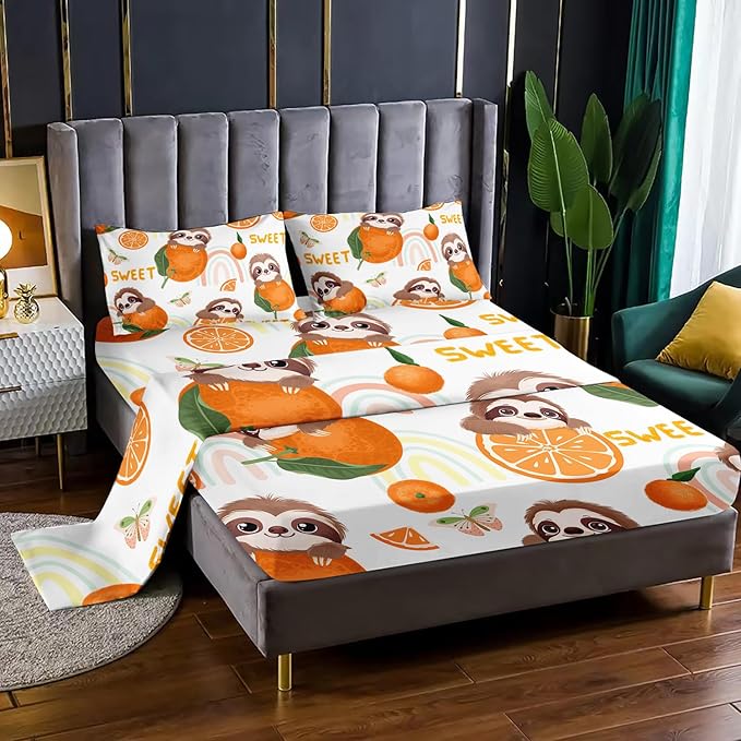 Brown Sloth & Orange Butterfly 4Pcs Rainbow Sweet Pattern Bedding Set for Kids - Queen Size with 1 Flat & 1 Fitted Sheet + 2 Pillowcases