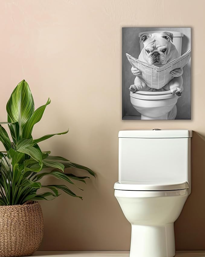 UPWOIGH Bathroom Wall Art, Black and White French Bulldog Dog Reading the Newspaper Wall Docer, Wood Framed Canvas Wall Art Animals Abstract Prints, 12"x16" High-end Pictures for Dormitory Kids Room