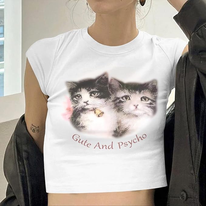 Tuislay Cat Baby Tees for Women Cute Y2k Coquette Shirt Funny Cropped Graphic Tees Top Downtown Girl Aesthetic Grunge Clothes