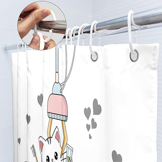 SVBright Funny Cat Shower Curtain 60Wx72L Inch Kids Cute Kitten Cartoon Children Animal Pets Fun Hilarious Lovely Boys Girls Toddler 12 Pack Hooks Polyester Waterproof Fabric Bathroom Bathtub Panels