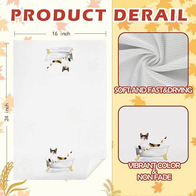 SPBL&L Calico Cat Bathroom Hand Towels Set of 4, Calico Cat Kitten Decorative Hand Towels for Bathroom, Cat Hand Towels for Cat Lovers, Cat Bathroom Decor, Cat Funny Hand Towels 16x24 Inches, White
