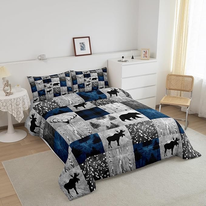 Bear Bedding Set Twin for Teens Boys,Buffalo Plaid Check Comforter Set Cabin Lodge Decor,Wild Animal Elk Antler Pattern Duvet Quilt Insert,Rustic Deer Patchwork Down Comforter 2pcs Blue Grey