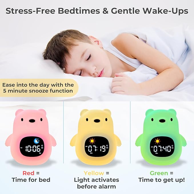Bumble & Bright Bear Kids Alarm Clock with Night Lamp & Sound Machine | 8 Soothing Colors & 6 Relaxing Sounds | USB Powered | Adorable Alarm Clock for Kids, Girls & Boys