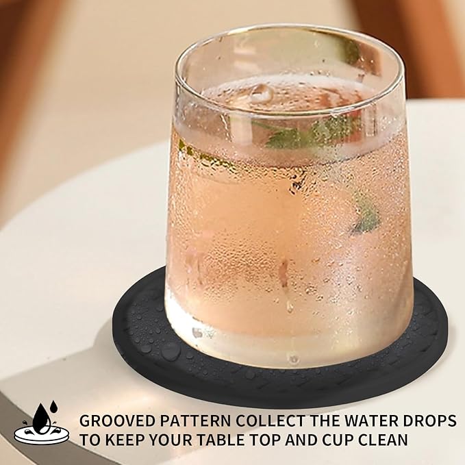 Black Silicone Drink Coaster Set of 6 with Holder, 4 Inches Decorative Coasters, Heat Resistant & Waterproof for Home, Kitchen Non-Slip Cup Mat for Bar, Coffee, Beer
