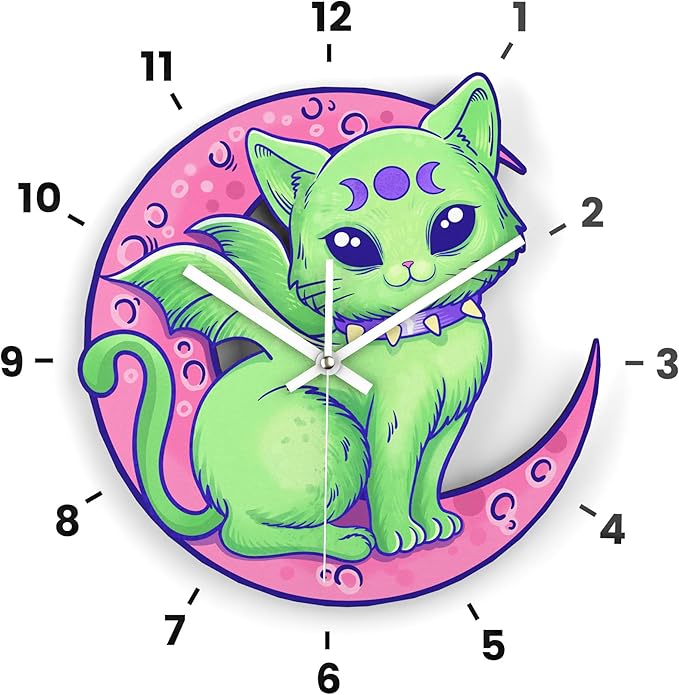 Wooden Wall Clock Spooky Cat Non-Ticking Silent Battery Operated Home Decor DIY Numbers Cute Pastel Goth House Warming Gift for Kids Bedroom Girls Room Living Room Kitchen Kawaii Halloween Moon