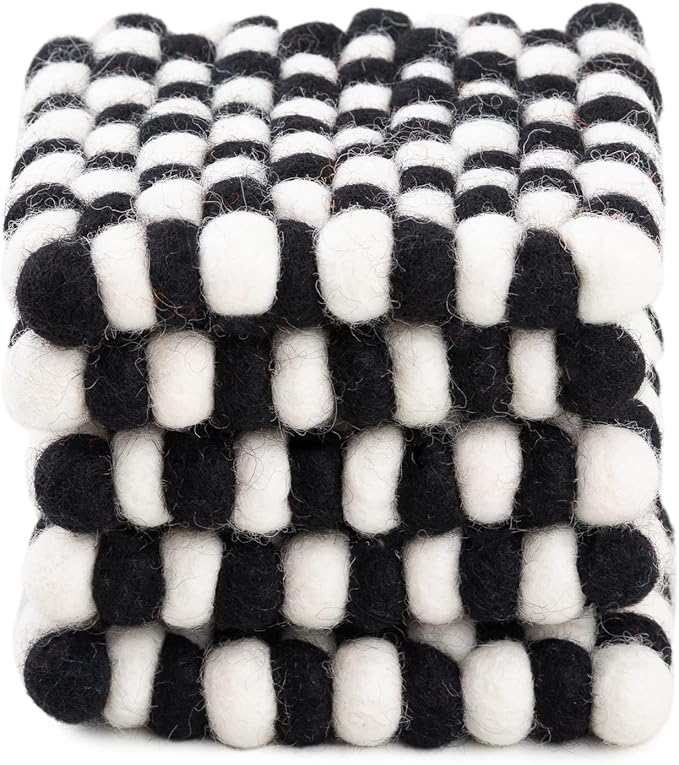 Square Felt Ball Coasters - 100% Merino Wool Table Coasters - Felt Coaster Pads, Absorbent Trivet for Drinks - Heat Resistant, Thick & Durable Hand Felted in Nepal by Woolygon- Multicolor - Set of 5