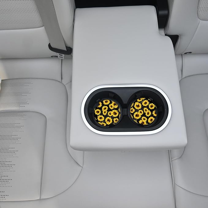 Sunflowers Absorbent Car Coasters 2 Pack for Cup Holders, 2.56" Ceramic Stone & Non-Scratch Cork Base Drink Coasters, Auto Accessories for Women & Men