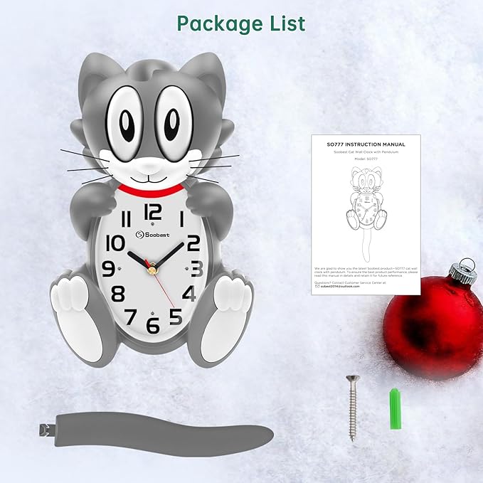 Soobest 18 Inch Large 3D Cat Wall Clock Battery Operated with Moving Eyes and Pendulum Tail, Retro Kids Analog Wall Clock for Gift Decor Gray