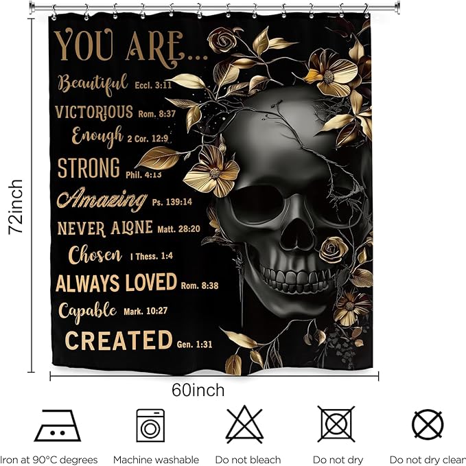 Black Gold Skull Shower Curtain 60Wx72L Inch Quotes Inspirational Motivational Positive Leaves Plant Cool Bathroom Set Accessories Decor with 12 Pack Hooks