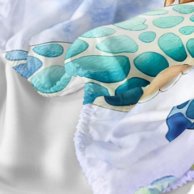 Turtle Sheet Full 4Pcs Ocean Life Shell Bedspread Set Kid Fish Crab Bedding Set for Boy Girl Watercolor Tortoise Seaweed Pattern Bed Set with 1 Flat Sheet and 1 Fitted Sheet+2 Pillowcases