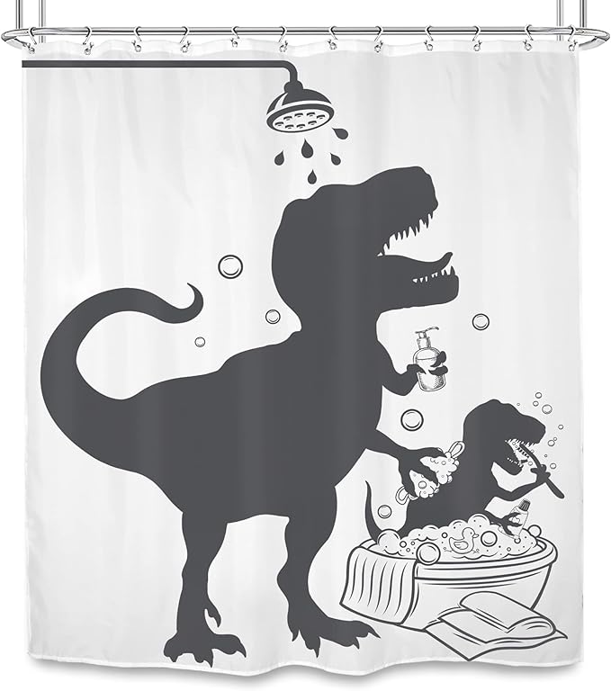 SVBright Kids Funny Dinosaur Shower Curtain 60Wx72L Inch Cartoon Animal Dino Taking Shower Silhouette Shadow Cute Boys Cool 12 Pack Hooks Polyester Waterproof Fabric Bathroom Bathtub Panels