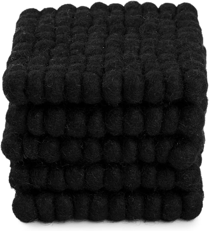 Square Felt Ball Coasters - 100% Merino Wool Table Coasters - Felt Coaster Pads, Absorbent Trivet for Drinks - Heat Resistant, Thick & Durable Hand Felted in Nepal by Woolygon- Multicolor - Set of 5