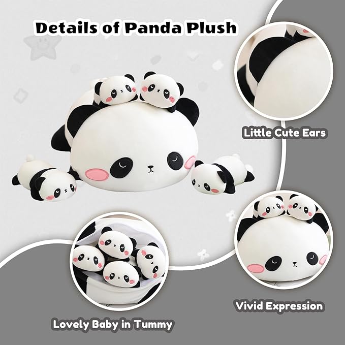 SQEQE Panda Stuffed Animals with Babies Inside Belly - 1 Mommy Stuffed Panda with 4 Cute Babies Plushie Gifts Ideal for Kids and Adults