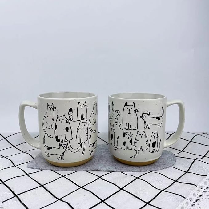 White-Grey Cartoon Cats Ceramic Mug with Handle Coffee Mug 550ml/18.6oz. Cute Funny Novelty Vintage Gift Hand Painted