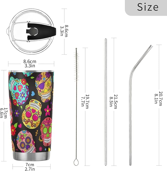 Tumbler Sugar Skull Insulated Coffee Cup Halloween Day of The Dead Beverage Container Travel Mug with Straw and Lid Double Wall Stainless Steel 20oz Holiday Gift
