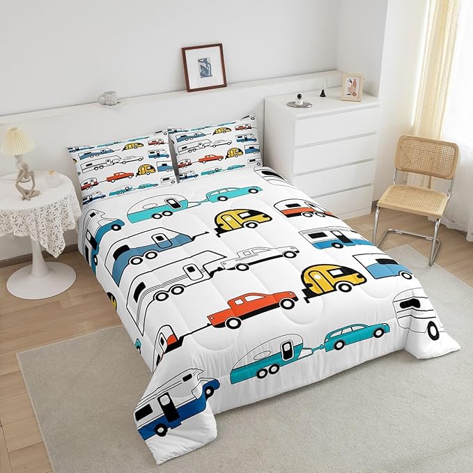 Camper Comforter Set King, Happy Camping Bedding Set for Kids Boys Girls Children, Camping Trailer Travel Car Pattern Bedding Comforters & Sets, Cartoon Car Down Comforter RV Accessories, Colorful