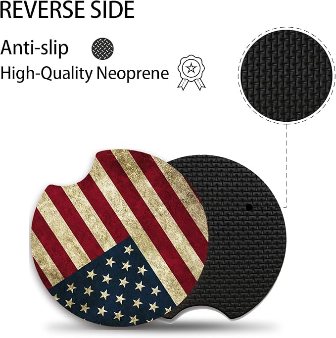 Car Coasters for Cup Holders,Car Cup Holder Coasters, 2 Pack Cup Holder Coasters for Car, Anti Slip Rubber Car Cup Mat with A Finger Notch, Cute Car Interior Accessories for Women 2.75" American Flag