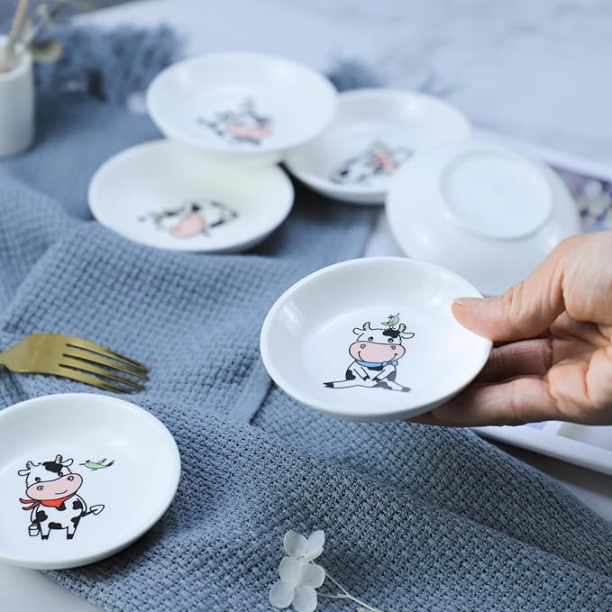 Super Cute Cartoon Animal Pattern Ceramic Sauce Dish/Seasoning Dish/Sushi Soy Dipping Bowl/Appetizer Plates/Serving Dish for Kitchen Home(Set of 6)-Cow