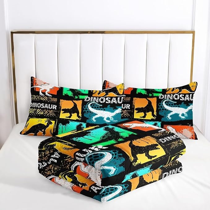 Suncloris Kids Dinosaur Comforter, Colorful Cartoon Dino Bedding Bedspread for Boys Teens, Lightweight Microfiber Geometric Plaid Jungle Animals Quilt Bedroom Decor with 2 Pillow Cases (03, Queen)