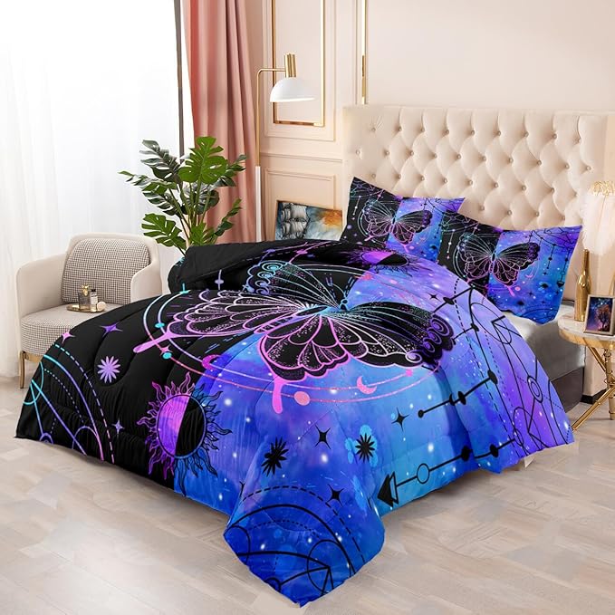 Butterfly Comforter Set for Girls Women, Butterfly Bed Set, Boho Butterflies with Sun and Moon Printed Bedding Sets, Black Blue Butterfly Comforter Set Full Size with 2 Pillowcases