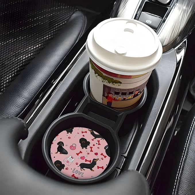 Absorbent Ceramic Car Coasters for Cup Holders, Cute Pink Dachshund Design 2.56" Anti Slip Universal Drink Cup Coasters for Women Men (2 Pack)