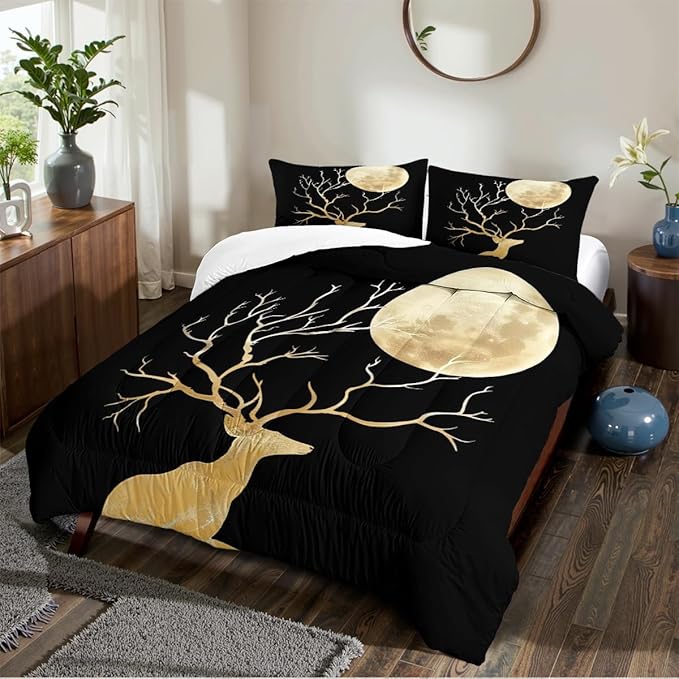 Black Gold Deer Comforter Set Full Size Unique Design Deer and Moon Bedding Set Chic Animal Bedding Modern Bedroom Decor Down Comforters Soft Microfiber Comforter Sets for Boys Girls