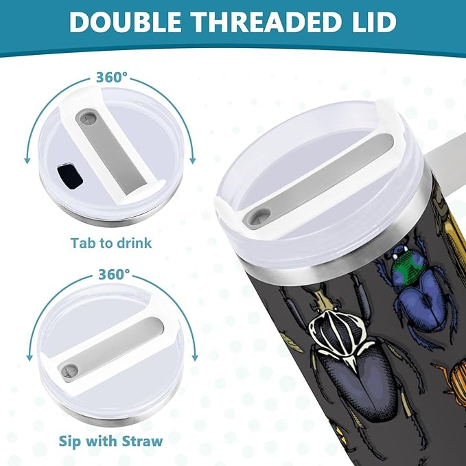 Boccsty Bright Insects Dark Insulated Tumblers Beetle Reusable Stainless Steel Tumbler 30 oz Cup Coffee Travel Mug Water Bottle with Handle & Flip Straw for Home Office Car