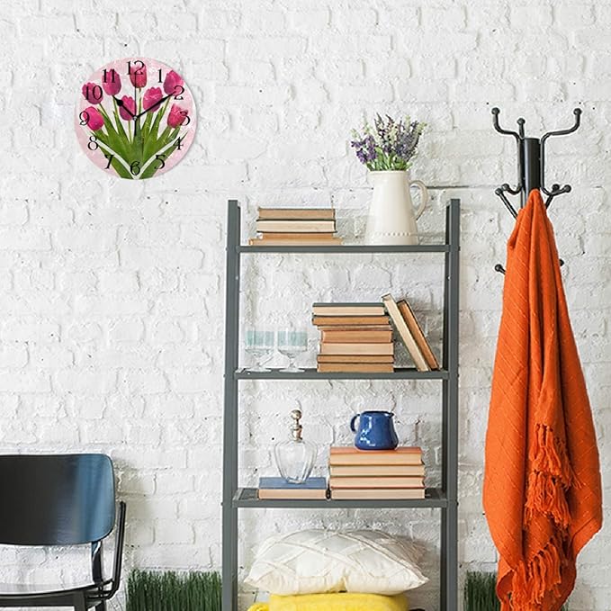 Tulip Wall Clock Modern Silent Non-Ticking Kitchen Clock Pink Rose Flower Decorative Round Clocks 9.5 in Battery Operated Quartz Analog Desk Clock Living Room Bathroom Garden Home Decor