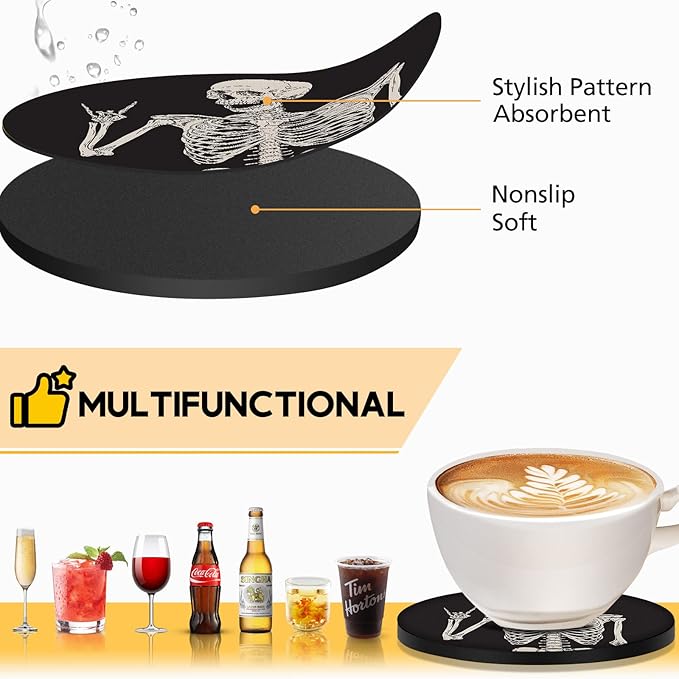 Swooflia Coasters for Drinks Coffee Table, Skeleton Funny Black Silicone Absorbent Cup Coaster Set Housewarming Kitchen Home Wooden Desk Office Bar Tabletop Decor 6 Pack