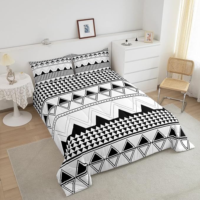 Boho Aztec Comforter Set Full Size Black And White Bedding Set Morden Geometric Triangle Lattice Down Comforter Minimalism Room Decor Warm Soft 3 Pieces Quilted Duvet For Kids Boys Girls Teens