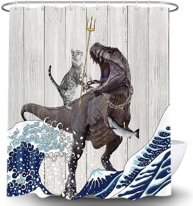 Torich Funny Cat Shower Curtain Set, Cool Cat Dinosaur Japanese Ocean Wave Decor Fabric Bathroom Curtains, Fun Kids Children Animal Rustic Wooden Farmhouse Decor Polyester 72X84in