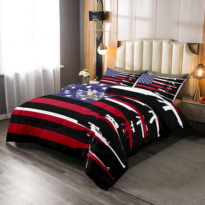 American Flag Comforter Set King,Army Guns Military Bedding Set for Kids Boys Teens Man,Red Blue Stars Stripe USA Flag Bedding Comforter Soldier Rifle Quilt Duvet Set 2 Pillow Cases Bedroom Decor