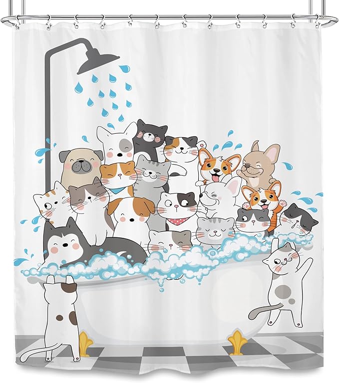 SVBright Funny Cats and Dogs Shower Curtain 60Wx72L Inch Kids Cartoon Cute Pets Animal Bathtub Raining Playing Showering Lovely Boys 12 Pack Hooks Polyester Waterproof Fabric Bathroom Bathtub Panels