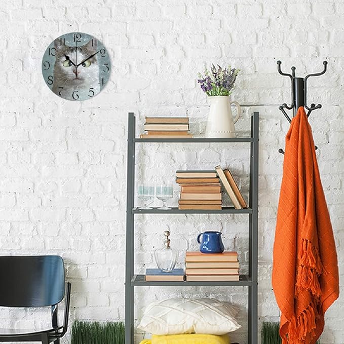 STARGRASS Funny Cat Wall Clocks Battery Operated 10 inch Silent Non-Ticking Quiet Desk Clock Decor for Living Room Home Office School Kitchen (Small,Round)
