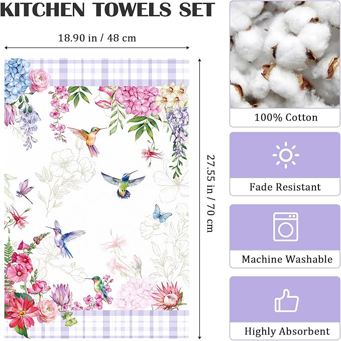 Spring Summer Bird Floral Tea Towels, Cotton Kitchen Towel 18.9 × 27.5 inch, Quick Drying Dish Cloth for Party Anniversary Holiday Decoration Housewarming Gifts