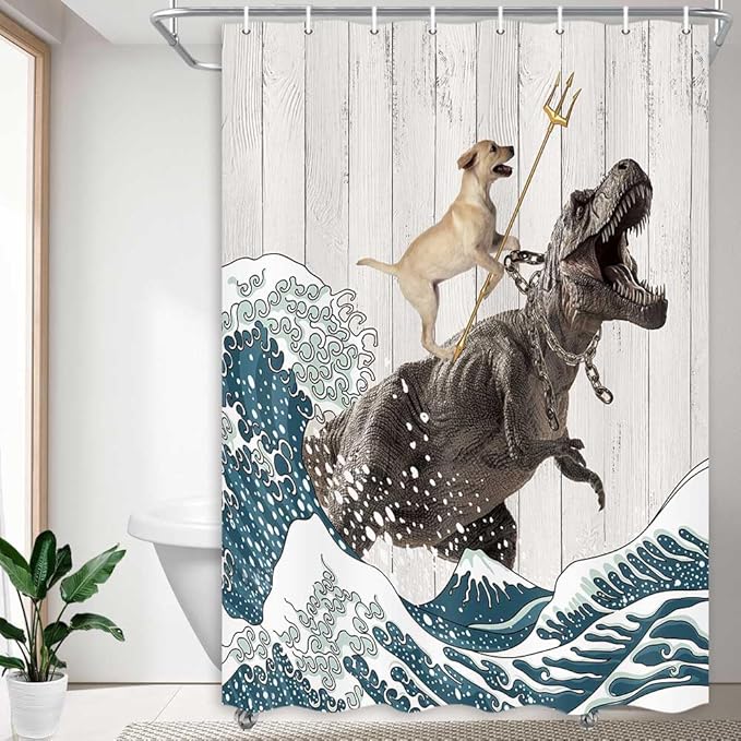 Boziqr Funny Dog Shower Curtain, Japanese Ocean Wave Dinosaur Rustic Barn Door Decor Fabric Bathroom Curtains Set, Cute Animal Kids Polyester Fabric Waterproof, 48 X 70 Inches