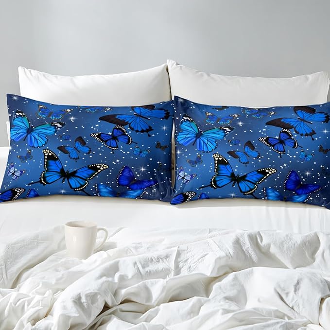 Blue Butterfly Comforter, Blue Butterflies with Sparkle Stars Prints Bedding Set for Women Girls Full Size Quilt Set, 1 Comforter + 2 Pillowcases
