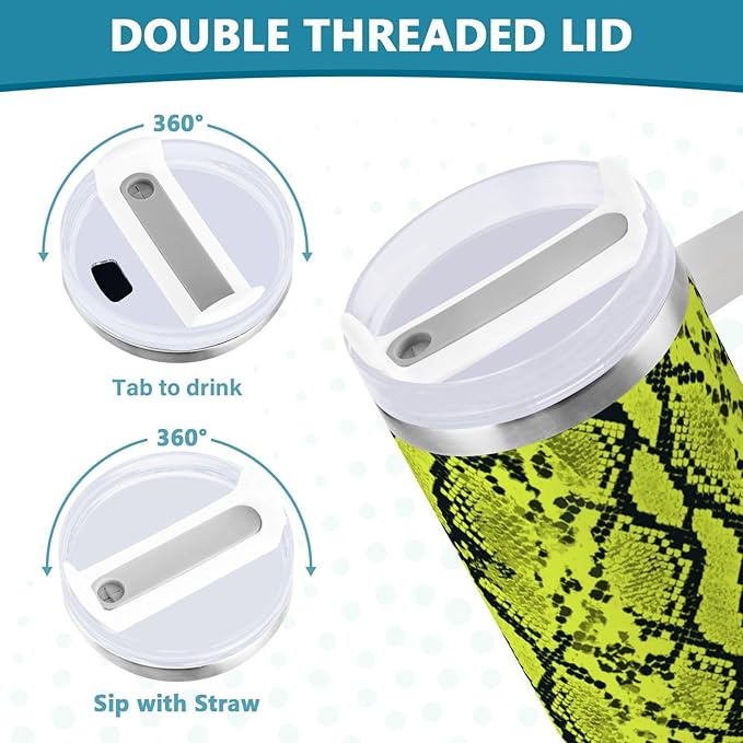 Boccsty Neon Green Snakeskin Insulated Tumblers Reusable Stainless Steel Tumbler 30 oz Cup Coffee Travel Mug Water Bottle with Handle & Flip Straw for Home Office Car