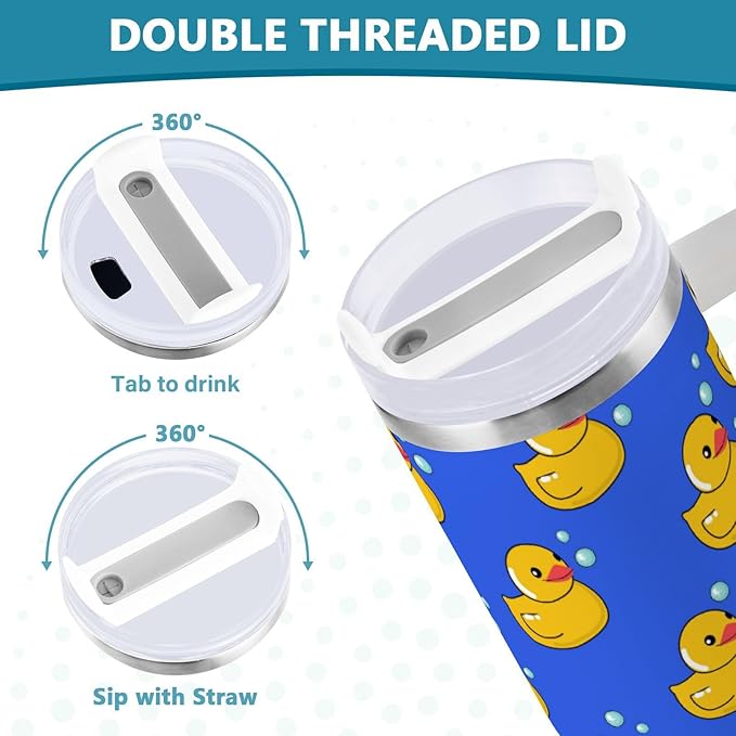 Boccsty Rubber Yellow Duck Blue Insulated Tumblers Reusable Stainless Steel Tumbler 40 oz Cup Coffee Travel Mug Water Bottle with Handle & Flip Straw for Home Office Car